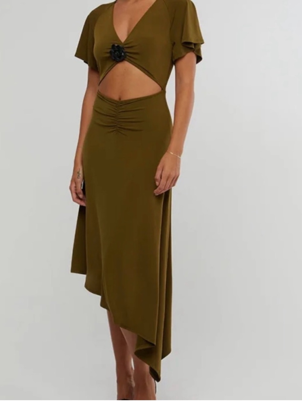 We Wore What Olive Cutout Assymetric Midi Dress - Missing Black Floral